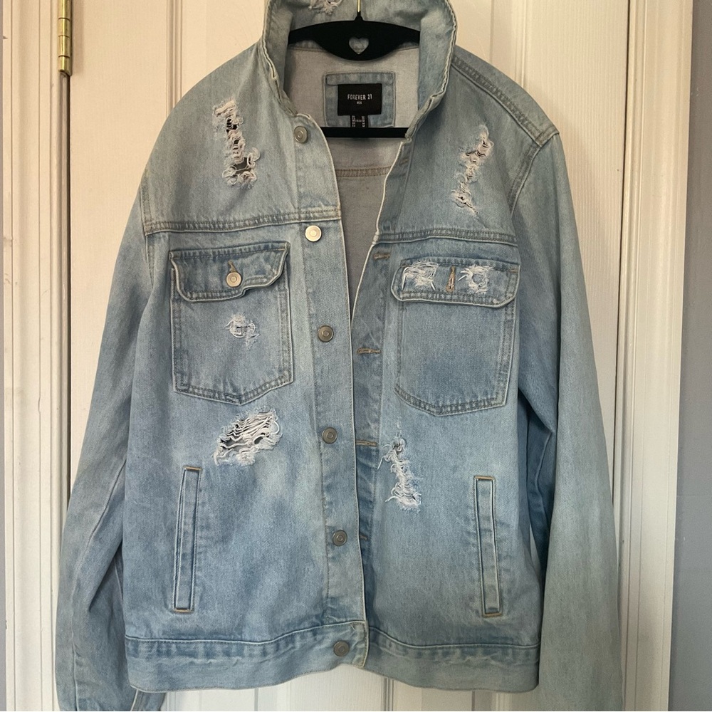 Oversized Forever 21 Light Blue Distressed Denim Jacket - UNISEX